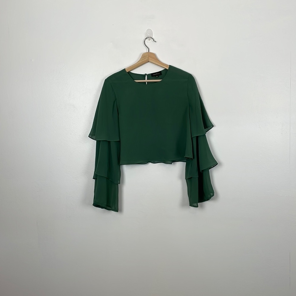 Majorelle top women size M lined long tiered sleeve green pullover crop sheer